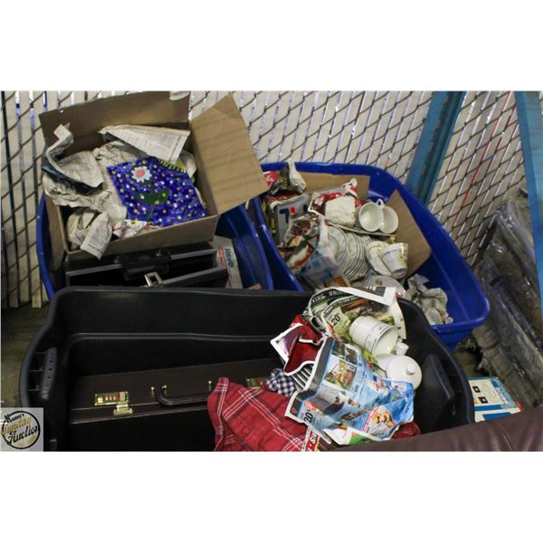 PALLET OF MISC IN 3 TOTES INCLUDES GLASSWARE