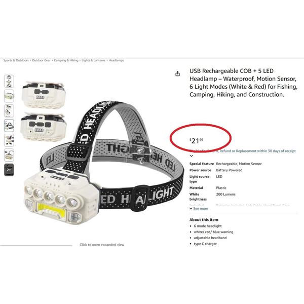 MOTION SENSOR RECHARGEABLE 7 LED+ COB HEADLAMP