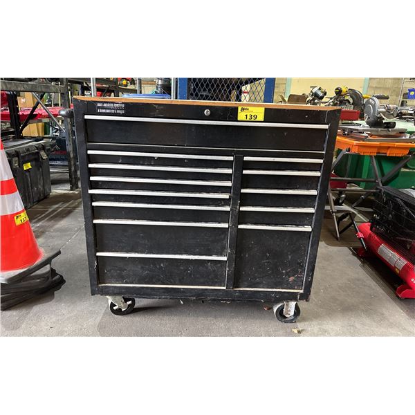 BLACK METAL/WOODEN TOP 45"W X 18"D X 41"H MOBILE 13 DRAWER TOOL BOX WITH CONTENTS
