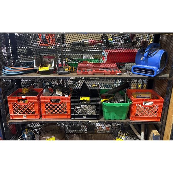 SHELF OF CHERNE TEST BALL PIPE PLUGS, PUMP SWITCHES, ASSORTED TAPES, CASTORS & MORE