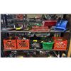 Image 1 : SHELF OF CHERNE TEST BALL PIPE PLUGS, PUMP SWITCHES, ASSORTED TAPES, CASTORS & MORE