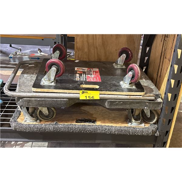 2 FOUR WHEEL DOLLIES & A RUBBERMAID COLLAPSIBLE PUSH CART