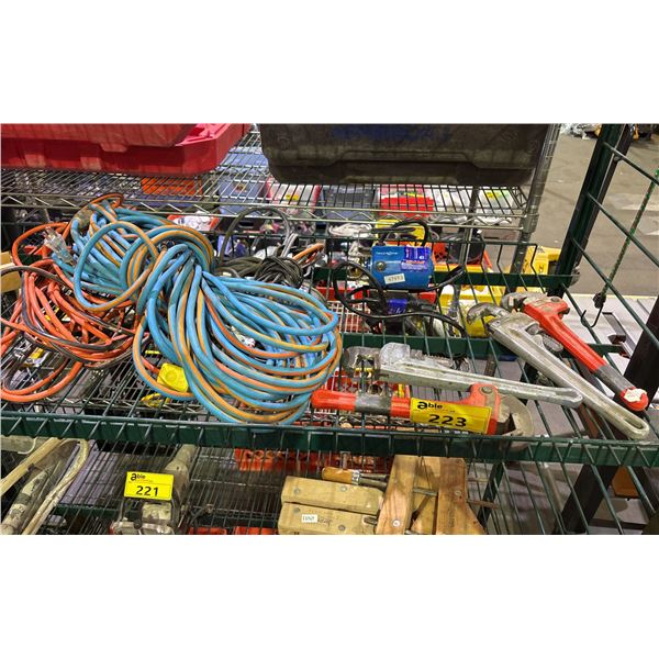 ASSORTED PIPE WRENCHES & HEAVY DUTY EXTENSION CORDS