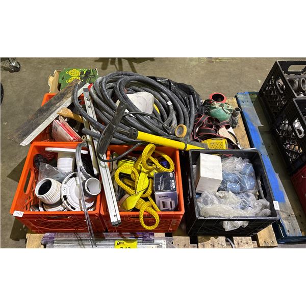 PALLET OF ASSORTED HARDWARE, RATCHET STRAPS, STRING WORK LIGHTS, HOSE, ELECTRIC SANDER & MORE *MUST
