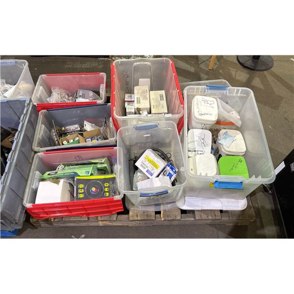 PALLET OF ASSORTED HARDWARE, LED PUCK LIGHTS, SATCO MEDIUM BASE LIGHT BULBS, ELECTRICAL & MORE