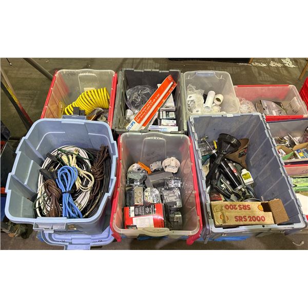 PALLET OF EXTENSION CORDS, ELECTRICAL COVERS, ASSORTED FUNNELS, LIGHT BULBS, HARDWARE & MORE *MUST