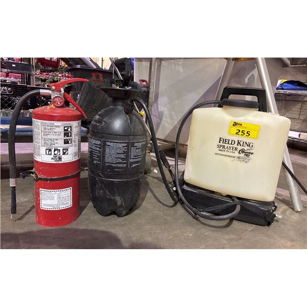 FIELD KING BACKPACK SPRAYER, FLO MASTER HAND PUMP SPRAYER & A FIRE EXTINGUISHER