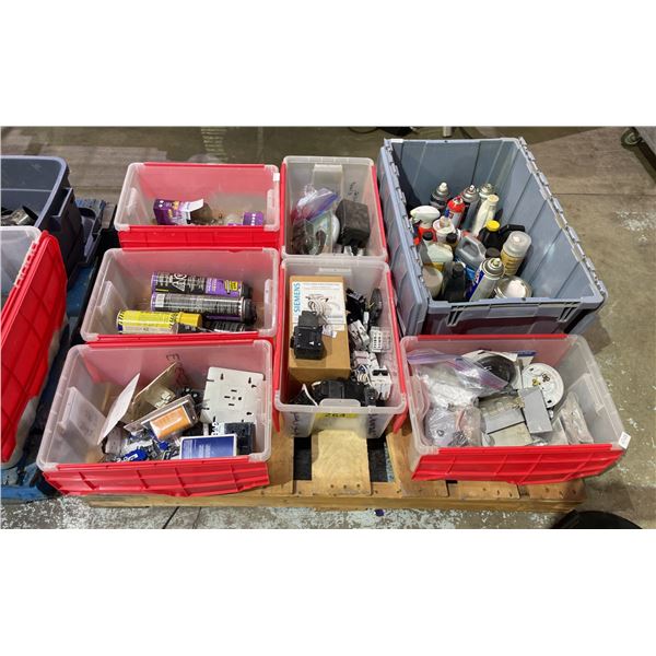 PALLET OF ASSORTED ELECTRICAL, WINDOW & DOOR FOAM SEALANT, LIGHT BULBS, & ASSORTED LUBRICANTS *MUST