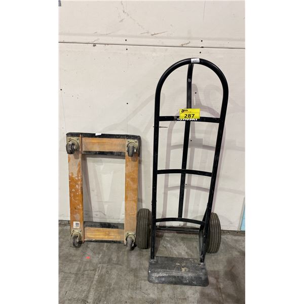2 WHEEL DOLLY WITH PNEUMATIC TIRES & A 4 WHEEL DOLLY
