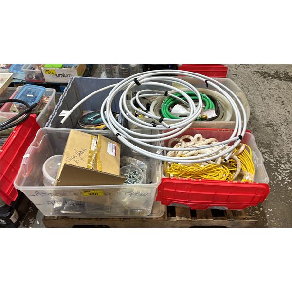 PALLET OF ROPES, PLASTIC PIPE, ASSORTED HOSES, PVC PIPE CONNECTORS & ASSORTED GRINDING WHEELS *MUST