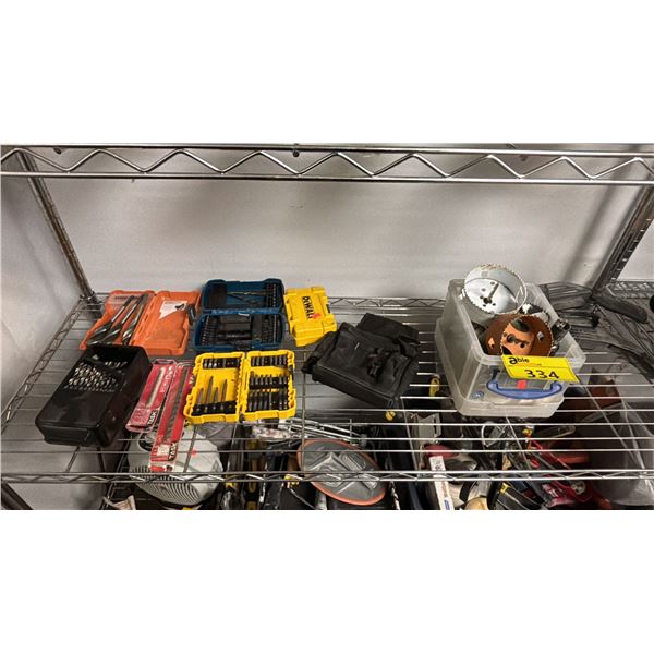 SHELF OF ASSORTED DRILL BITS & HOLE SAWS
