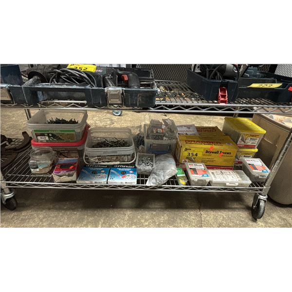 SHELF OF ASSORTED NAILS, SCREWS, STEEL STRAPPING, DRYWALL SCREWS & MORE