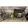 Image 1 : HUSKY TOOL BAG WITH CONTENTS, CLAMPS, SAW, MEASURING TAPE & BUNGEE CORDS