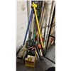 Image 1 : 2 BOXES OF GARBAGE BAGS AND ASSORTED GARDEN TOOLS INCLUDING SPADES, RAKES, CULTIVATOR & MORE