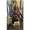 Image 2 : 2 BOXES OF GARBAGE BAGS AND ASSORTED GARDEN TOOLS INCLUDING SPADES, RAKES, CULTIVATOR & MORE