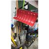 Image 2 : LARGE PLASTIC GARBAGE BIN OF MOPS, BROOMS, DUSTERS, SNOW SHOVEL & MORE