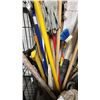Image 3 : LARGE PLASTIC GARBAGE BIN OF MOPS, BROOMS, DUSTERS, SNOW SHOVEL & MORE