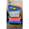 Image 1 : STACK OF ASSORTED TOTES & 1 MILK CRATE - ONE WITH A LID