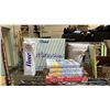 Image 2 : SHELF OF ASSORTED BOOKS, ALKALINE SPRING WATER, PAINT, ROLL OF GLOSS SHEETING & MORE