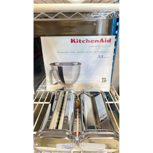 2 ASSORTED KITCHENAID STAND MIXER PASTA ATTACHMENTS & KITCHENAID 3.5 QUART MIXING BOWL