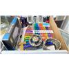 Image 1 : BOX OF ASSORTED NAIL POLISH, GLITTER PENS, MARKERS, ROUNDED TIP SCISSORS, & JEWELRY