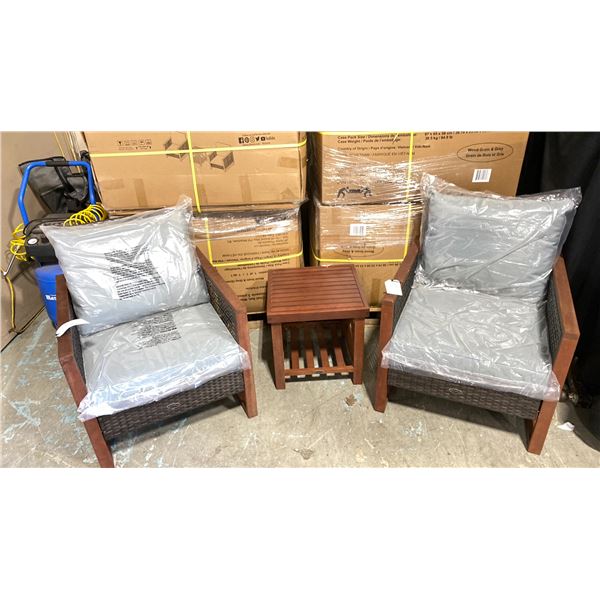 PATIOFLARE COLTON WOOD / PLASTIC RATTAN 3PCS OUTDOOR PATIO CHAT SET WITH GREY CUSHIONS INCLUDING: