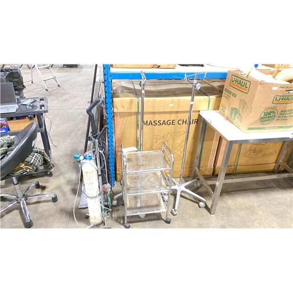 METAL 3 TIER MOBILE CART, 2 MOBILE IV STANDS, VITALAIRE OXYGEN BOTTLE ON MOBILE CART, & BISSELL