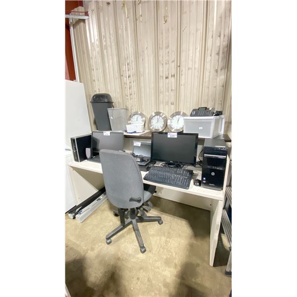 WHITE/BROWN COMMERCIAL WORKSPACE UNIT WITH OFFICE PHONE DOCK, 3 CLOCKS,