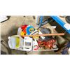 Image 1 : PLASTIC TOTE WITH CAR CHARGER, TAPE DECK, JUMPER CABLES, TOOLS AND MISC ITEMS