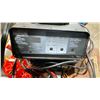 Image 2 : PLASTIC TOTE WITH CAR CHARGER, TAPE DECK, JUMPER CABLES, TOOLS AND MISC ITEMS