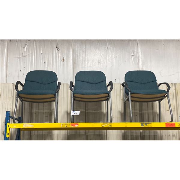 3 DARK GREEN PADDED METAL FRAME CLIENT CHAIRS