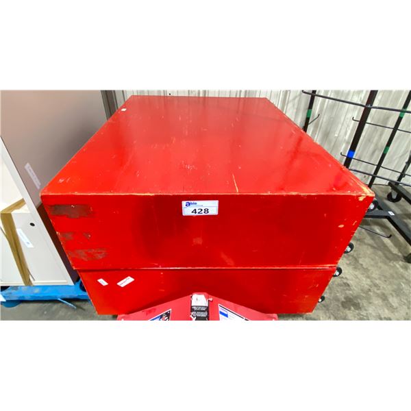 2 RED WOODEN 24"W X 48"L X 39"H LOCKING MOBILE STORAGE CABINETS