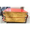 Image 2 : 2 RED WOODEN 24"W X 48"L X 39"H LOCKING MOBILE STORAGE CABINETS