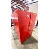 Image 4 : 2 RED WOODEN 24"W X 48"L X 39"H LOCKING MOBILE STORAGE CABINETS