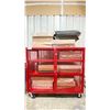Image 1 : HEAVY DUTY RED METAL MOBILE 2 DOOR STORAGE CART WITH 20 BOXES OF ASSORTED COMMERCIAL CARPET SQUARES