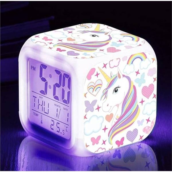 Kids Alarm Clocks, Unicorn Night Light Kids Alarm Clocks with 4 Sided Unicorn Pattern&9 Kinds of LED