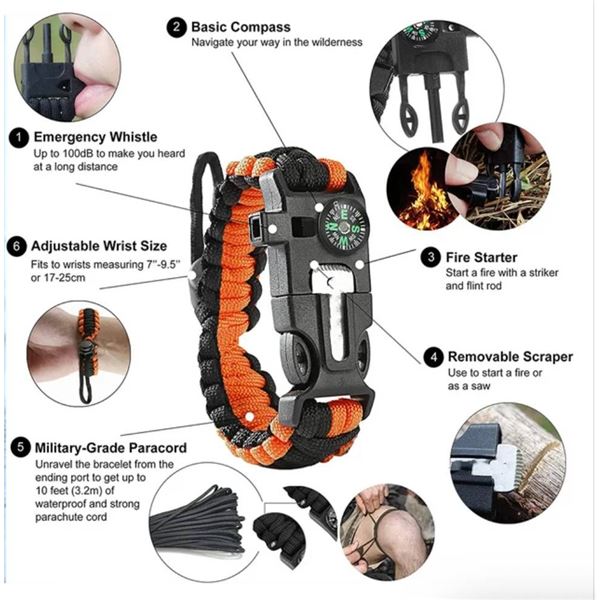 DIHAIMI Paracord Survival Bracelet (2 Pieces), Practical Five Functions, Fire Starter, Loud Whistle,