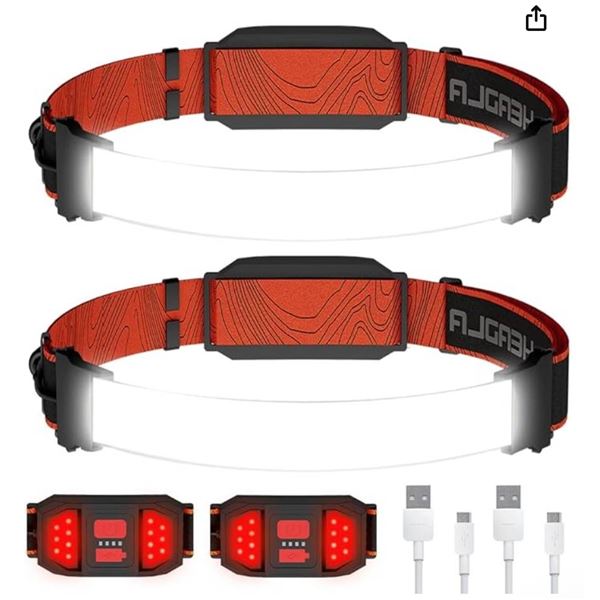 GETOVIN Headlamp Rechargeable, 2-Pack Head Lamp Flashlight Broad Beam USB LED Headlight with Red Saf