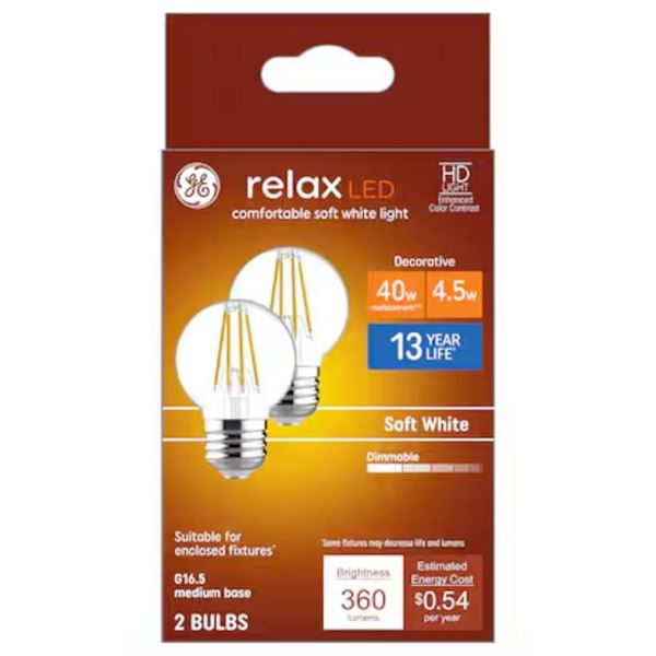 Lot of 6 GE Relax LED Bulbs, 40W Equivalent, 4.5W, Soft White, Dimmable
