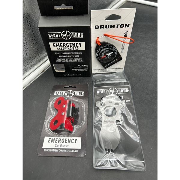 Lot of Ready Hour Emergency Sleeping Bag, Can Opener, Multi-Tool, and Brunton Compass