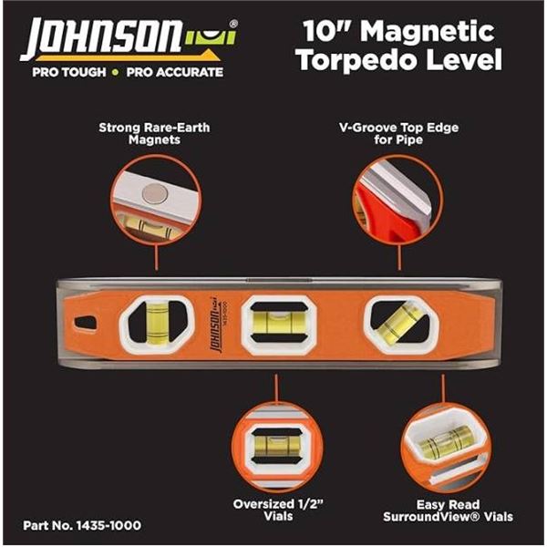 Johnson Level & Tool 1435-1000 Magnetic Torpedo Level, 10″, 1 Level