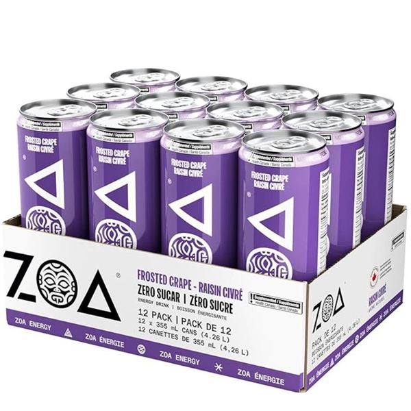 ZOA Zero Sugar Energy Drinks, Frosted Grape – 355ml (Pack of 12)