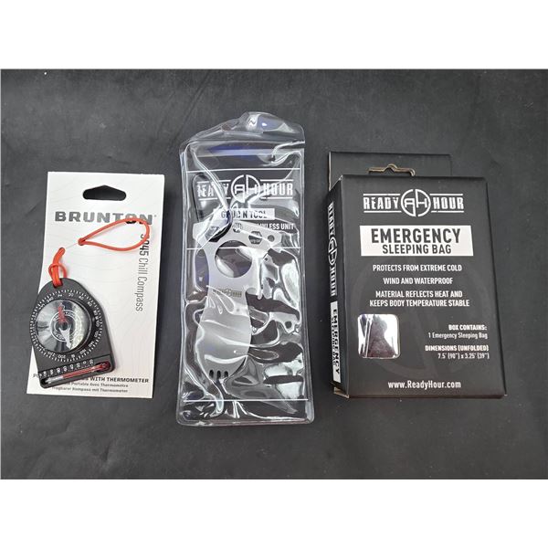 Brunton Compass, Ready Hour Emergency Sleeping Bag, and Survival Tool Lot