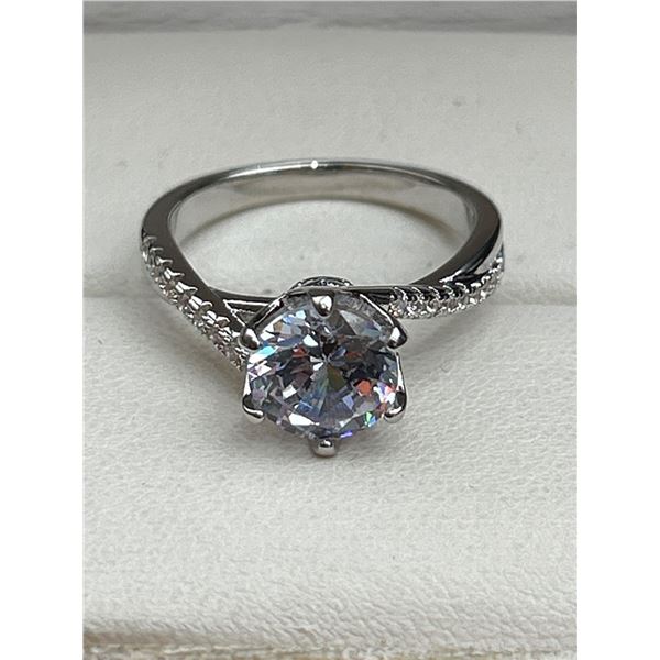 Brilliant-Cut White Gemstone Ring with Silver Band and Pavé Detailing