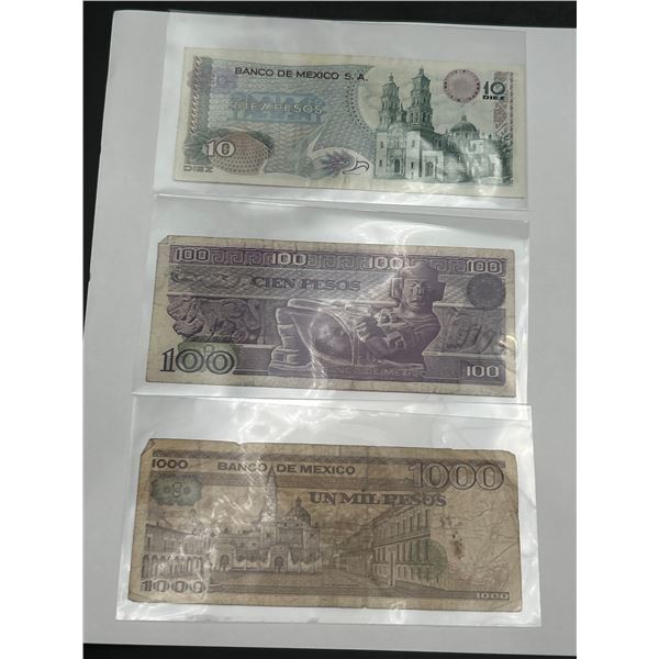 Mexican Banknotes Featuring 10, 100, and 1000 Peso Denominations