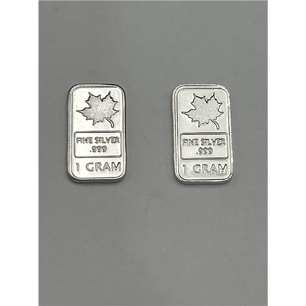 Two 1-Gram .999 Fine Silver Bars Featuring Maple Leaf Design