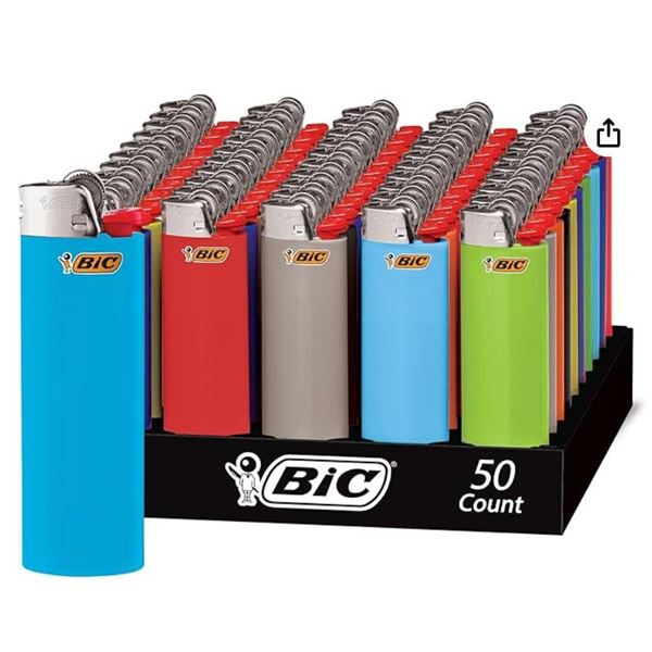 BIC Pocket Lighters, Classic Collection, Assorted Unique Lighter Colours, 50 Count Tray of Pocket Li