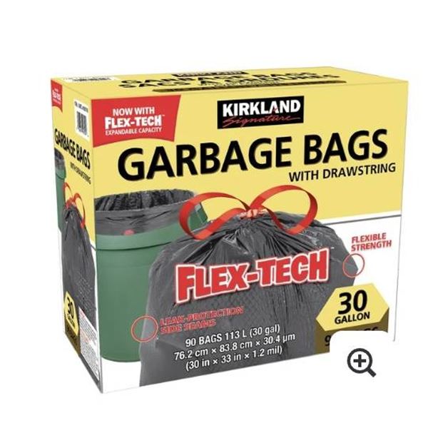 Kirkland Flex-Tech 30 Gallon Garbage Bags with Drawstring – 90 Bags