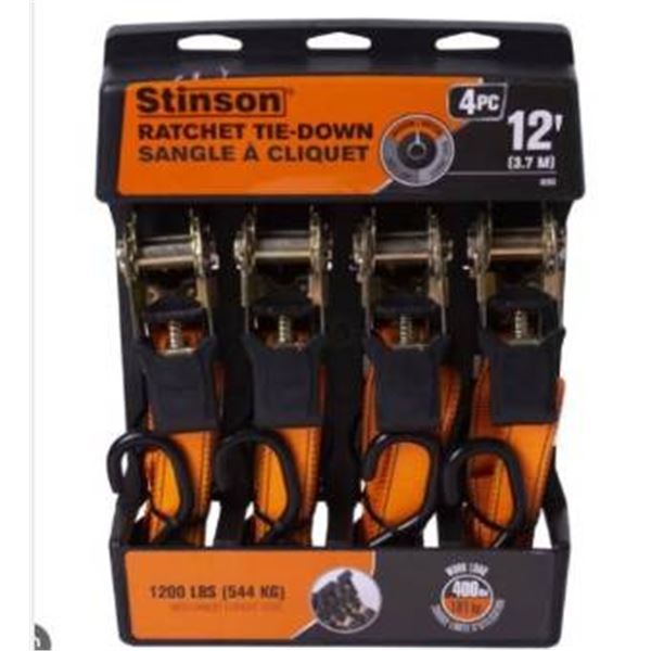 Stinson 4-Piece Ratchet Tie-Down Set, 1 in. x 12 ft, 1200 LBS Capacity