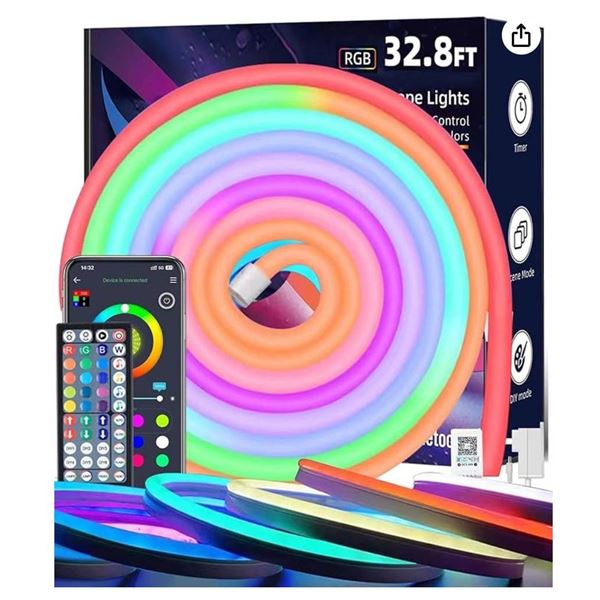 Keepsmile 32.8ft LED Neon Lights,Smart App Remote Control Music Sync Color Changing RGB Neon Rope Li